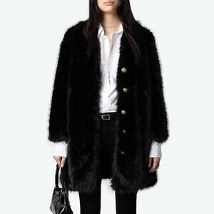 NEW Zadig & Voltaire Milas Black Faux Fur Coat Gold Crest Buttons Size XS
